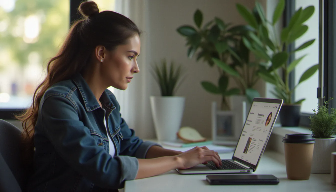 Une femme analysant un profil suspect sur un site de rencontre depuis son bureau, illustration du phénomène dolores ombrage dans le dating en ligne