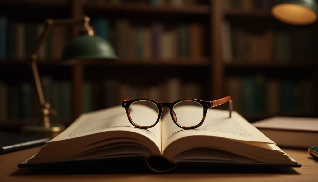 Livre ouvert et lunettes dans une bibliothèque chaleureuse, illustration éditoriale de l’analyse de l’enfance maltraitée dans la fiction