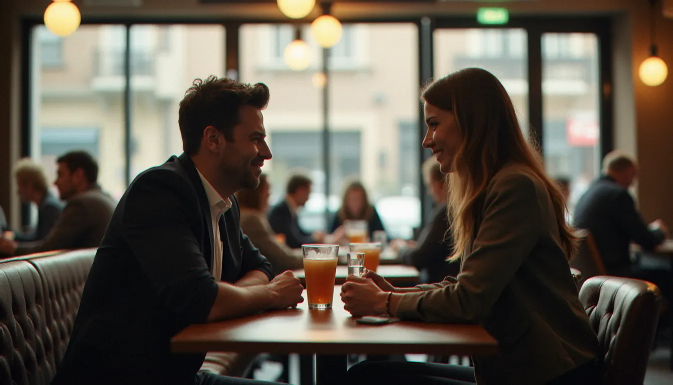 Première rencontre entre deux personnes dans un café public, illustrant les bonnes pratiques de sécurité pour un plan cul organisé en ligne