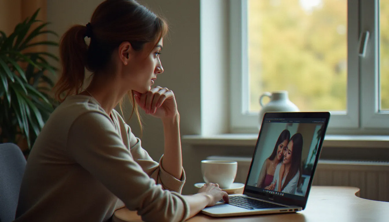 Une femme consultant un site de rencontre sur son ordinateur portable pour trouver un plan cul en toute sécurité