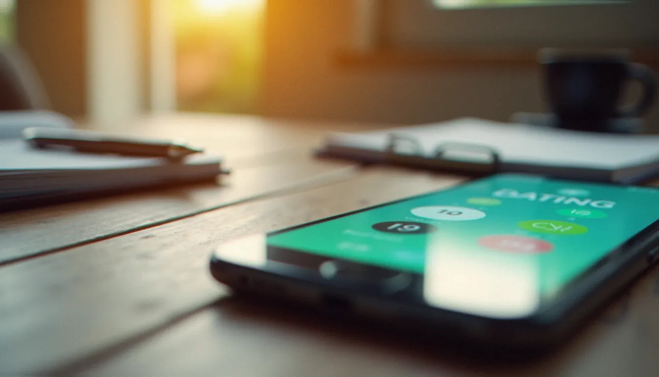Un smartphone affichant une interface floue d'application de rencontre, illustrant l'analyse des pièges des sites de plan cul gratuit