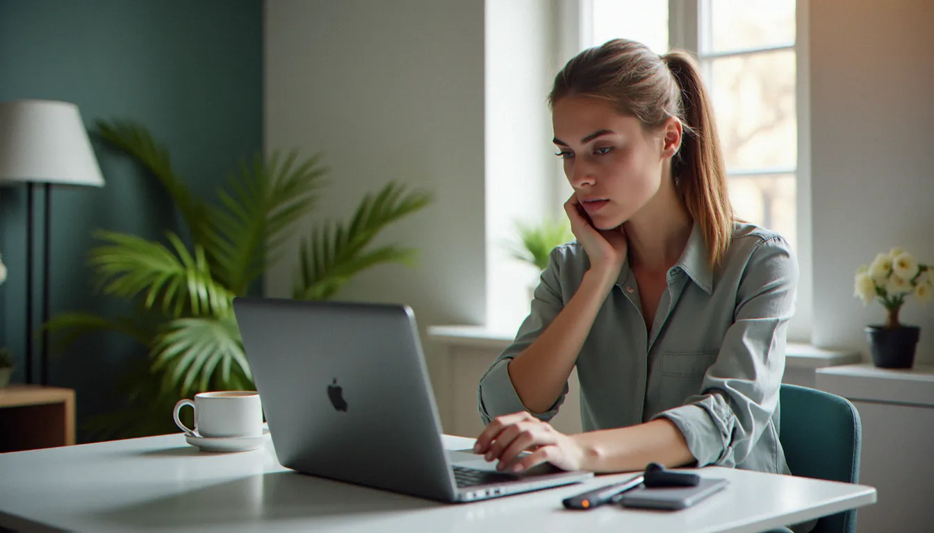 Une femme consultant un site de rencontre coquin sur son ordinateur portable, représentant la recherche d'un plan cul gratuit en toute sécurité
