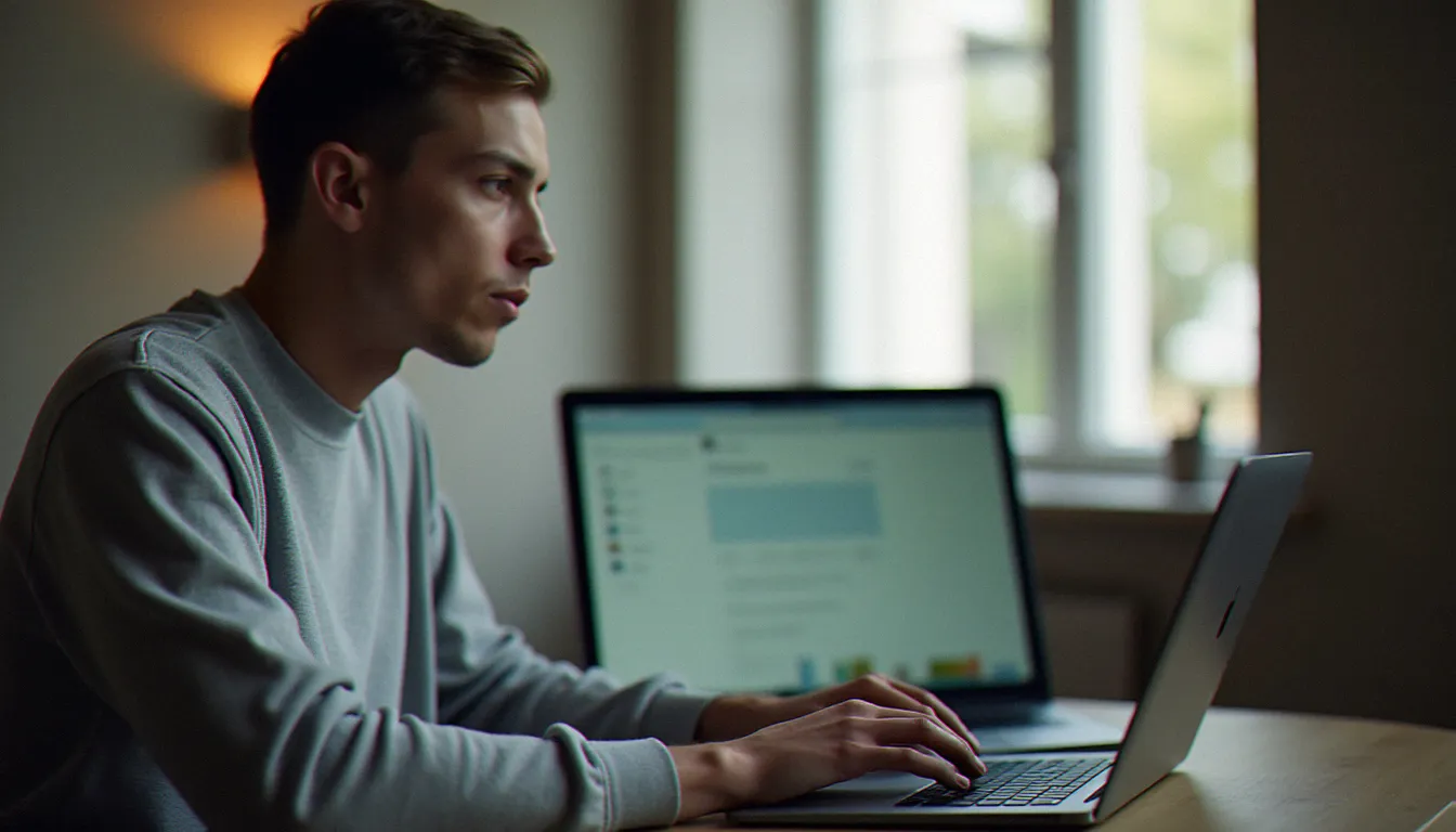 Une personne consultant un site de rencontres sur ordinateur portable dans un appartement parisien moderne, en train de comparer des plateformes pour trouver un plan cul à Paris
