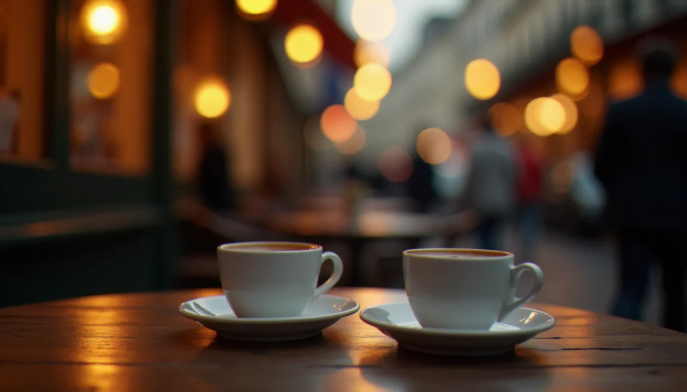 Deux tasses de café sur une table de café parisien évoquant un premier rendez-vous discret, symbole de la rencontre sécurisée après un plan cul à Paris initié en ligne