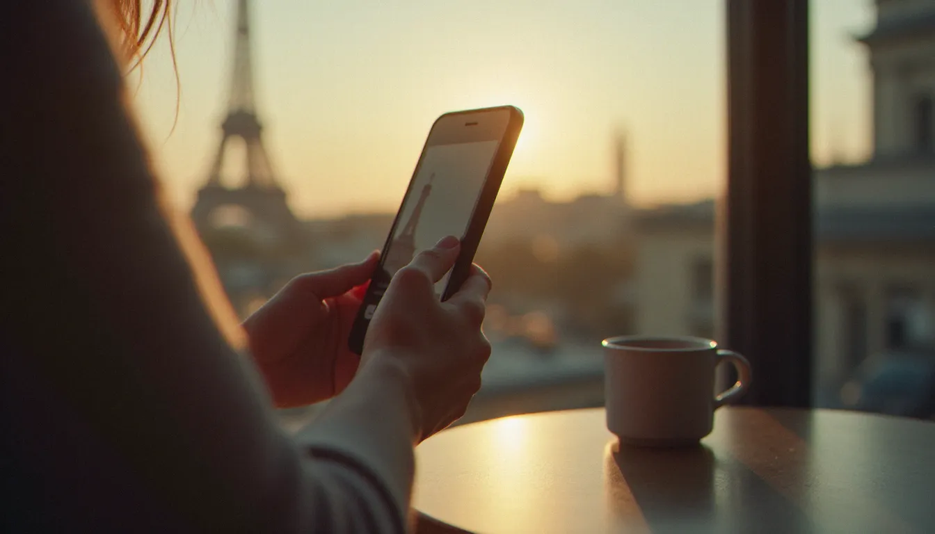 Un smartphone affichant une application de rencontre floue posé sur une table de café parisien, avec la tour Eiffel visible en arrière-plan, illustrant la recherche d'un plan cul à Paris