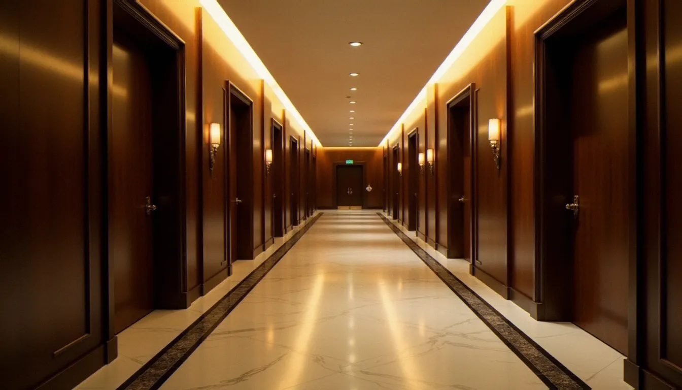 Couloir d'hôtel élégant et discret avec un éclairage tamisé, illustrant un cadre neutre et sécurisé pour un rendez-vous libertin
