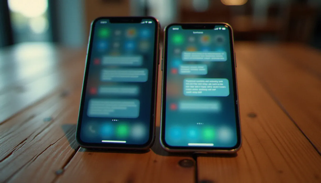Deux smartphones posés côte à côte sur une table, affichant des interfaces de messagerie floues, évoquant la préparation d'un rdv libertin en ligne