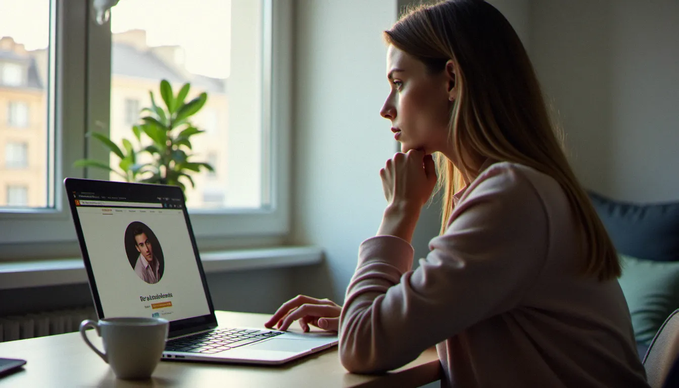 Une femme consultant un site de rencontre coquine en Bretagne sur son ordinateur portable dans un appartement moderne