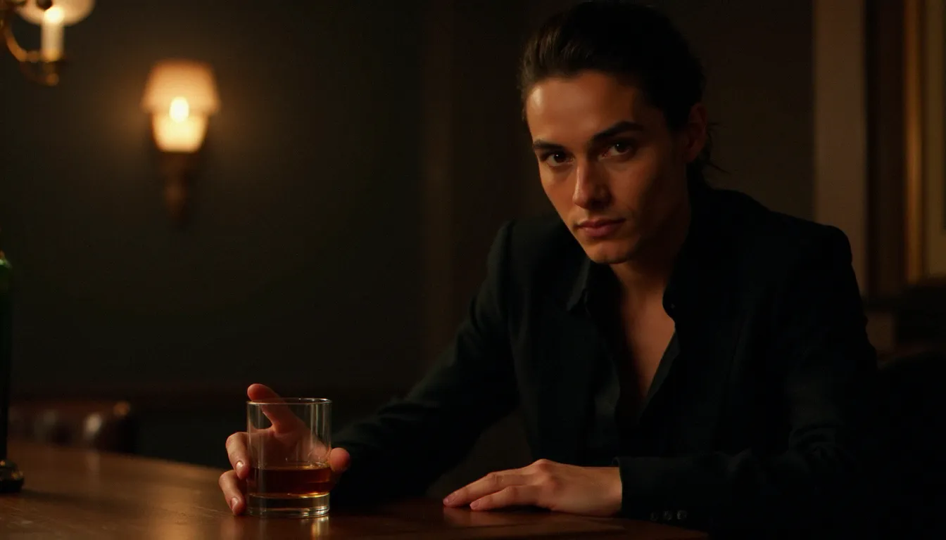 Portrait d'un traître de fiction charismatique dans un bar élégant, regard mystérieux évoquant la séduction et la manipulation