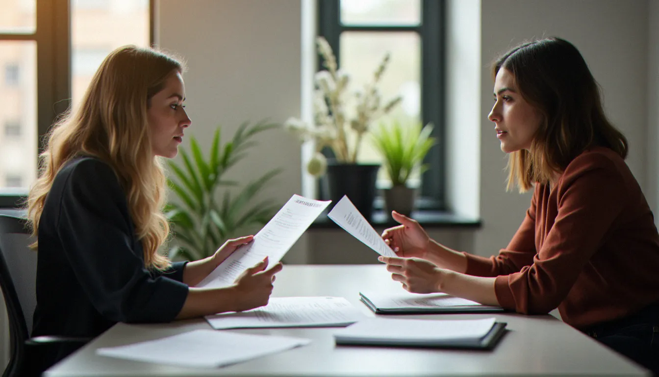 Deux femmes professionnelles discutant d'un contrat dans un bureau, représentant les négociations contractuelles dans l'industrie du divertissement adulte français