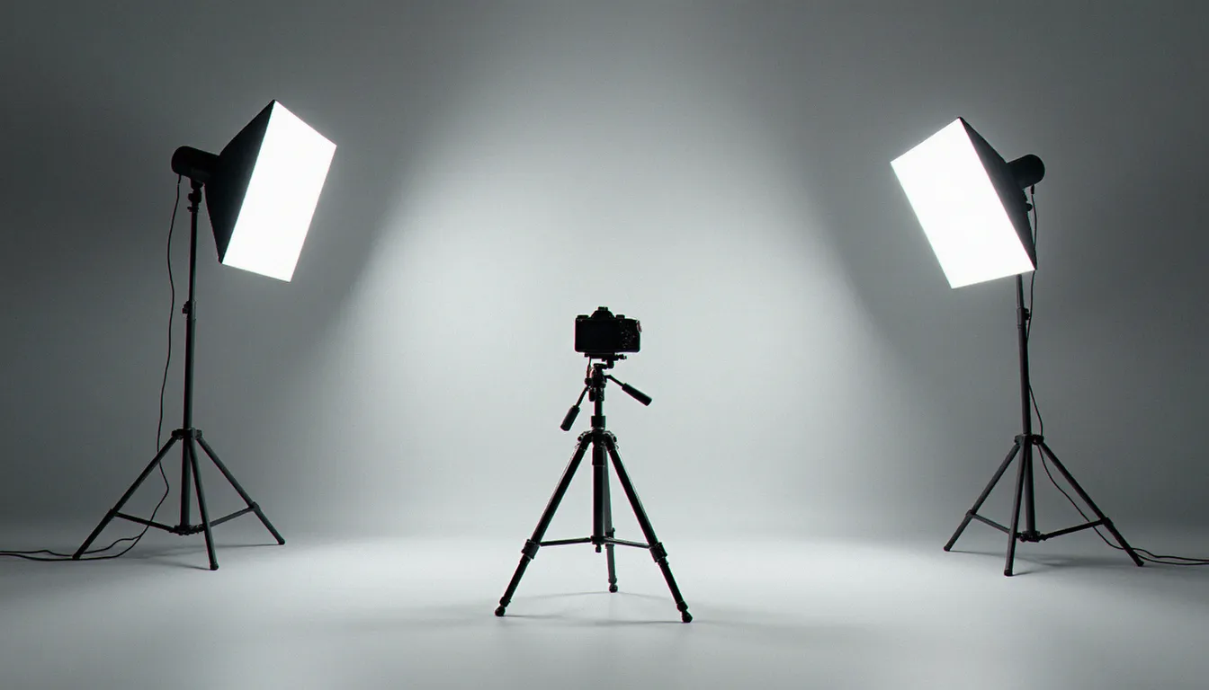 Studio de production vide avec éclairage professionnel et caméra sur trépied, évoquant les coulisses de l'industrie cinématographique adult en Europe de l'Est