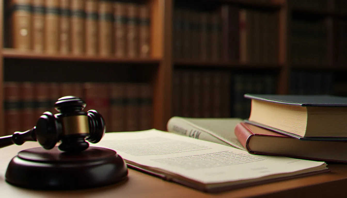 Bibliothèque juridique avec ouvrages de droit russe sur un bureau, illustrant le cadre légal encadrant la pornographie en Russie et ses implications pour les actrices