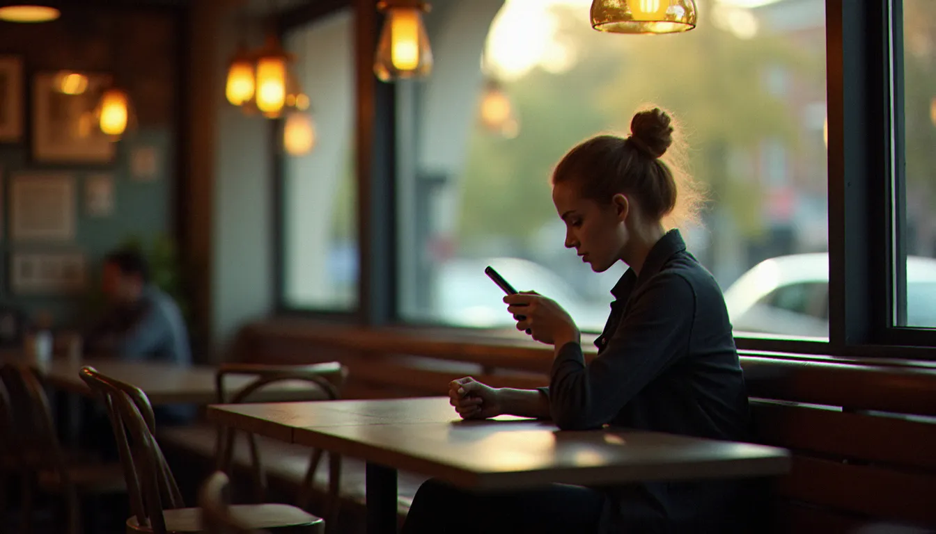 Personne seule dans un café consultant son téléphone avec précaution avant un rendez-vous issu d'une annonce de rencontre sans engagement
