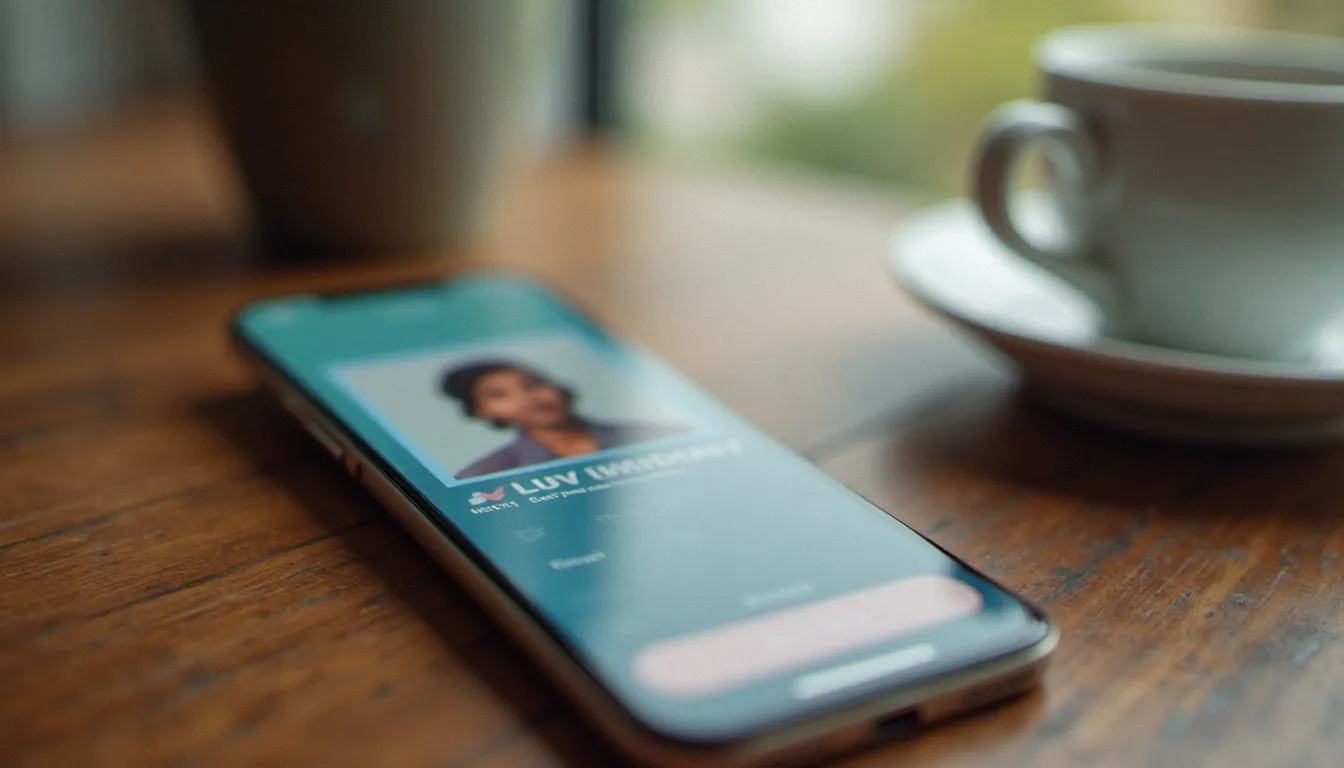 Smartphone affichant une application de rencontres adultes floue sur un bureau, illustrant la recherche d'une annonce plan cul en ligne