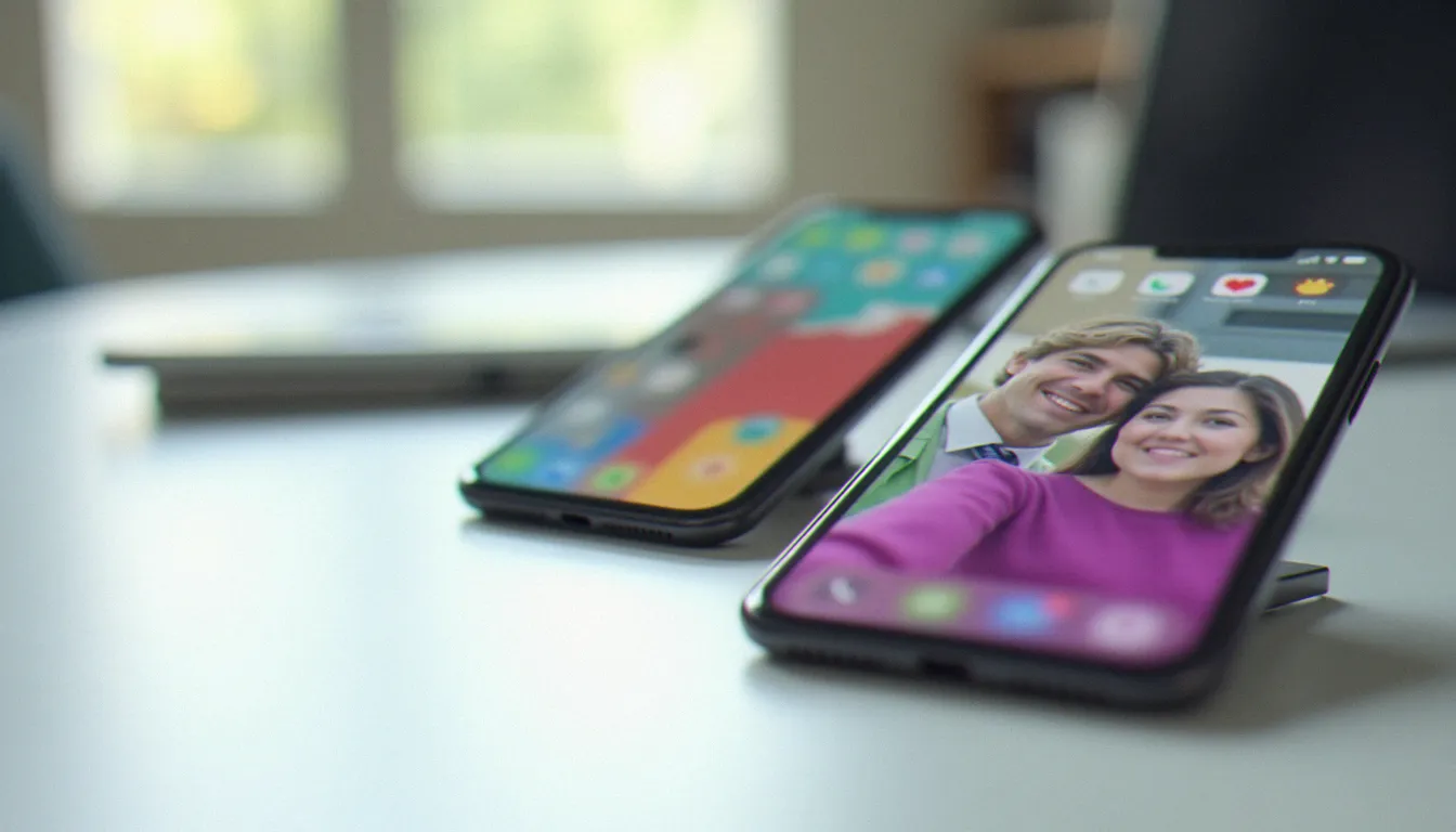 Deux smartphones affichant des interfaces floues d'applications de rencontre posés sur une table blanche