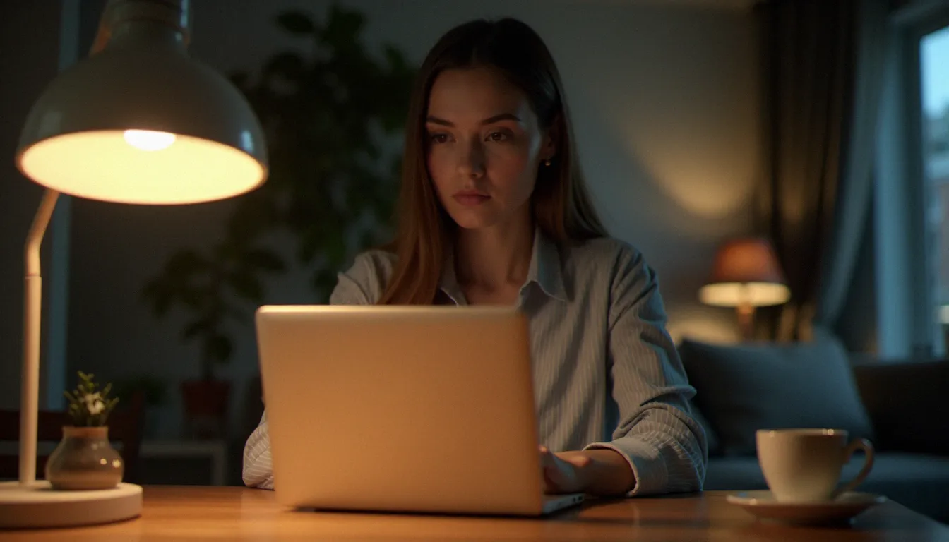 Femme rédigeant une annonce pour rencontre sur son ordinateur portable dans un appartement chaleureux