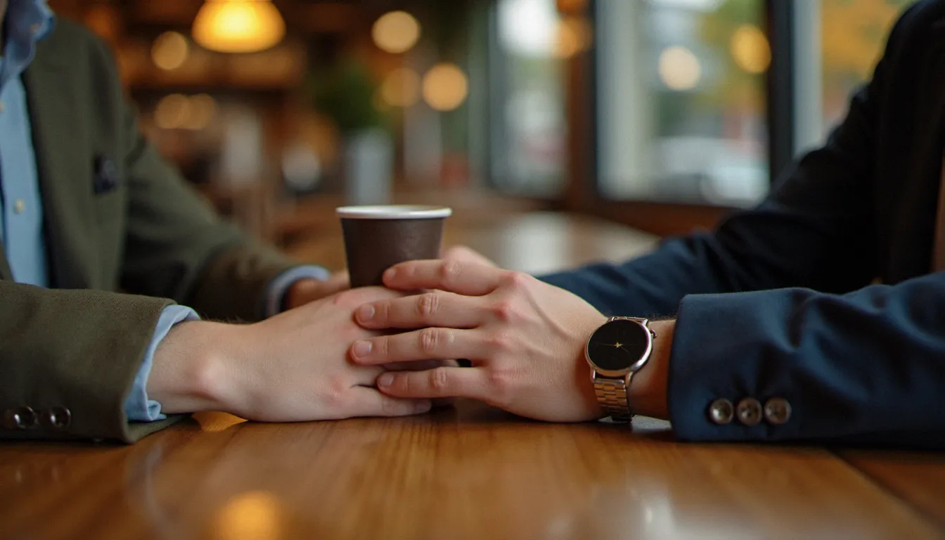 Deux personnes dont les mains se frôlent sur une table de café, symbolisant les signaux non verbaux dans la séduction