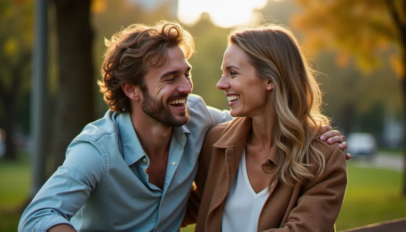 Un couple qui rit lors d'une activité spontanée en extérieur, illustrant l'importance de la nouveauté partagée pour entretenir le désir sur la durée