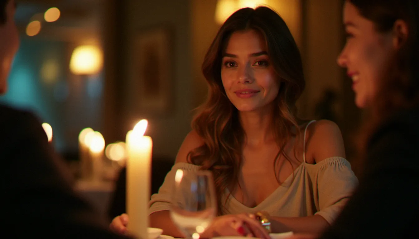 Une femme confiante échangeant un regard complice lors d'un dîner, illustrant les clés pour comprendre comment exciter les hommes par la communication non verbale