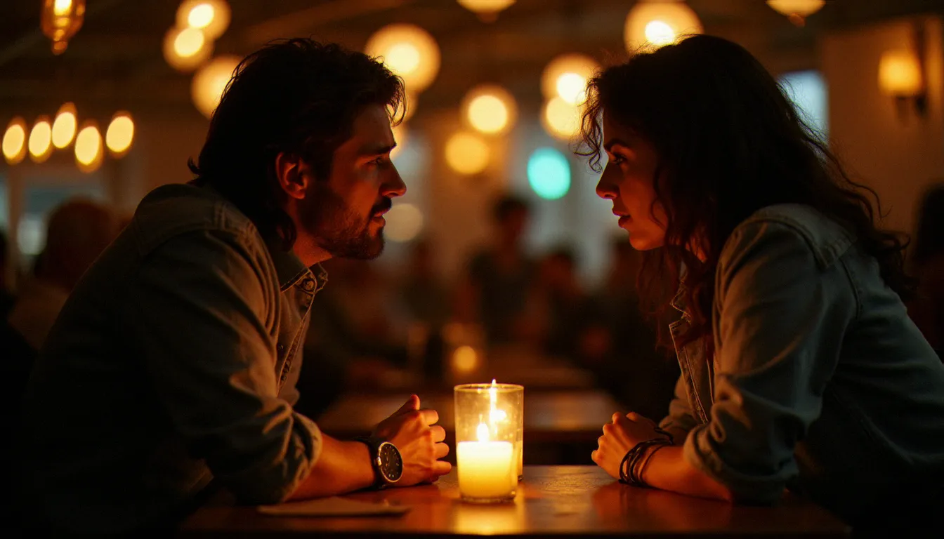 Deux personnes en conversation intense autour d'une table, illustrant les mécanismes psychologiques du désir et de l'attraction