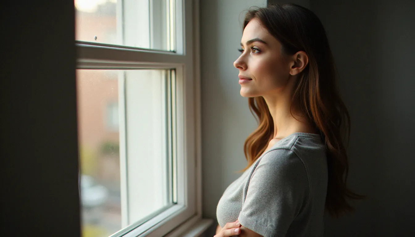 Femme sereine debout près d'une fenêtre, illustrant l'importance de la confiance en soi dans la communication non verbale et l'attraction