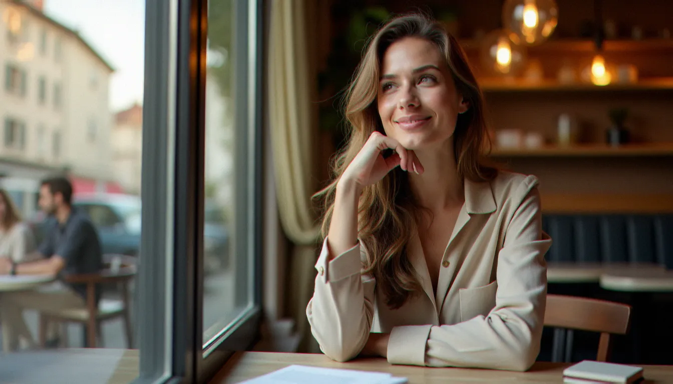 Femme confiante assise dans un café à Lyon, illustrant comment comprendre comment exciter un homme grâce à la connexion émotionnelle