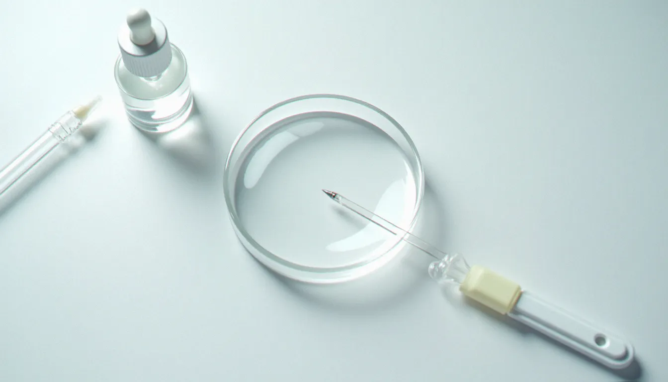 Flacon compte-gouttes et bandelette de pH sur surface de laboratoire blanche, représentant la composition acide de la cyprine