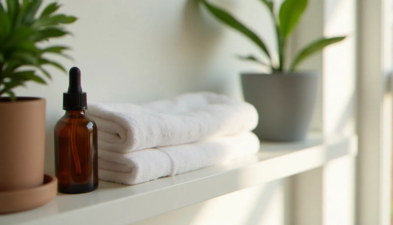 Étagère de salle de bain épurée avec flacon en verre et plante verte, illustrant les soins intimes féminins et la question cyprine c'est quoi