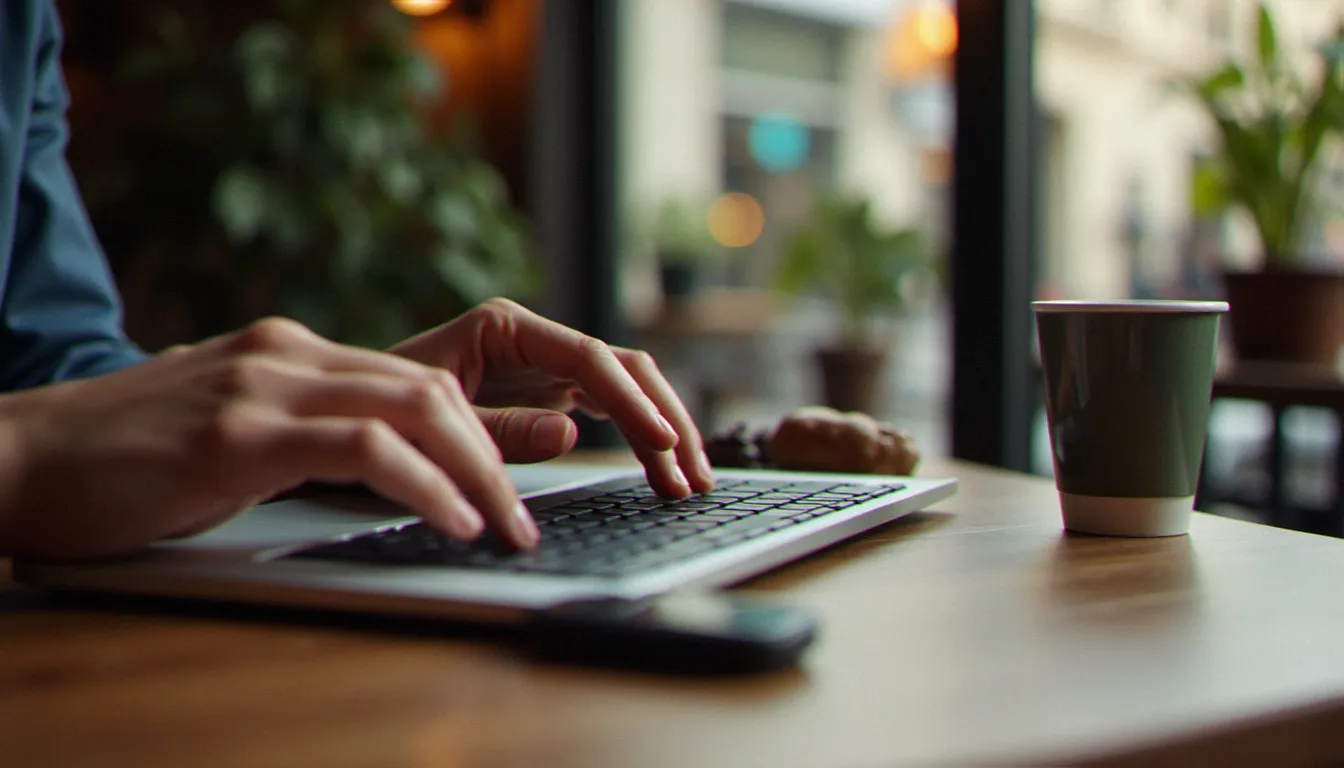 Personne utilisant un ordinateur portable dans un café pour consulter des profils en ligne, illustrant la vérification de profils sur les sites de rencontres