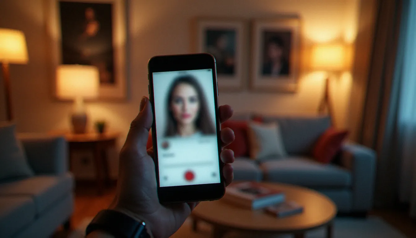 Smartphone affichant une interface floue d'application de rencontre adulte, illustrant les alternatives numériques pour des rencontres en Ardèche