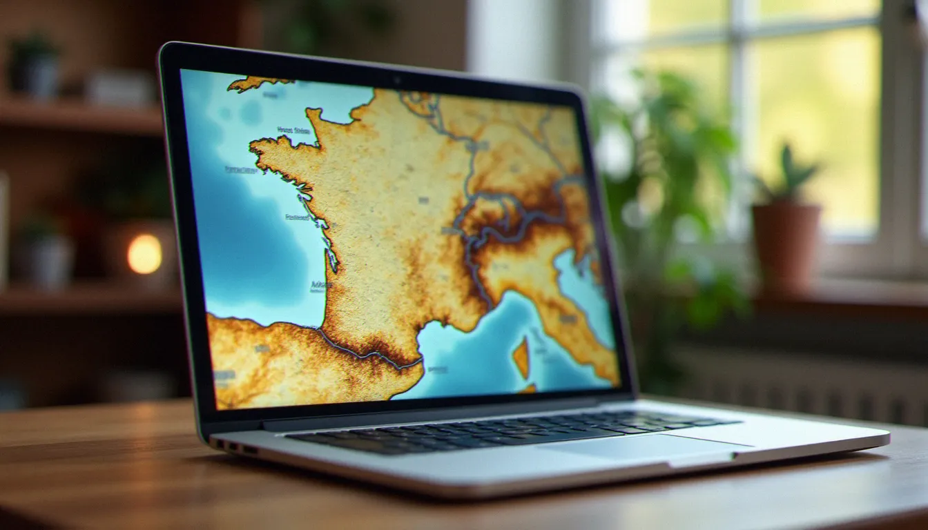 Écran d'ordinateur affichant une carte floue de l'Ardèche dans un bureau, illustrant une recherche en ligne sur escort Ardèche