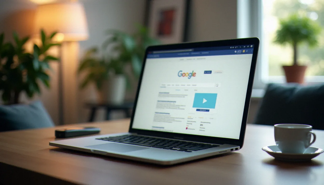 Ordinateur portable ouvert sur une page de résultats floutée représentant une recherche d'annonces en ligne dans la Manche
