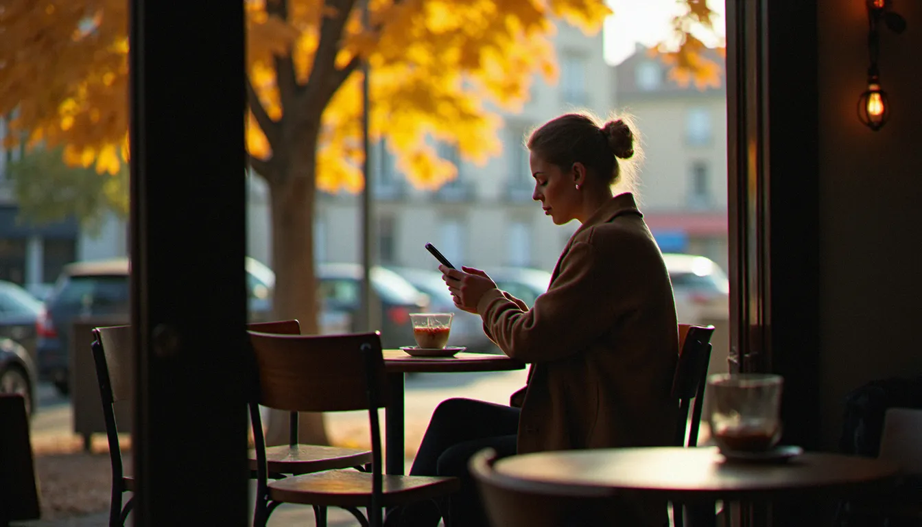 Femme seule dans un café normand consultant son téléphone, illustrant la prudence et la réflexion avant une rencontre escort dans la Manche