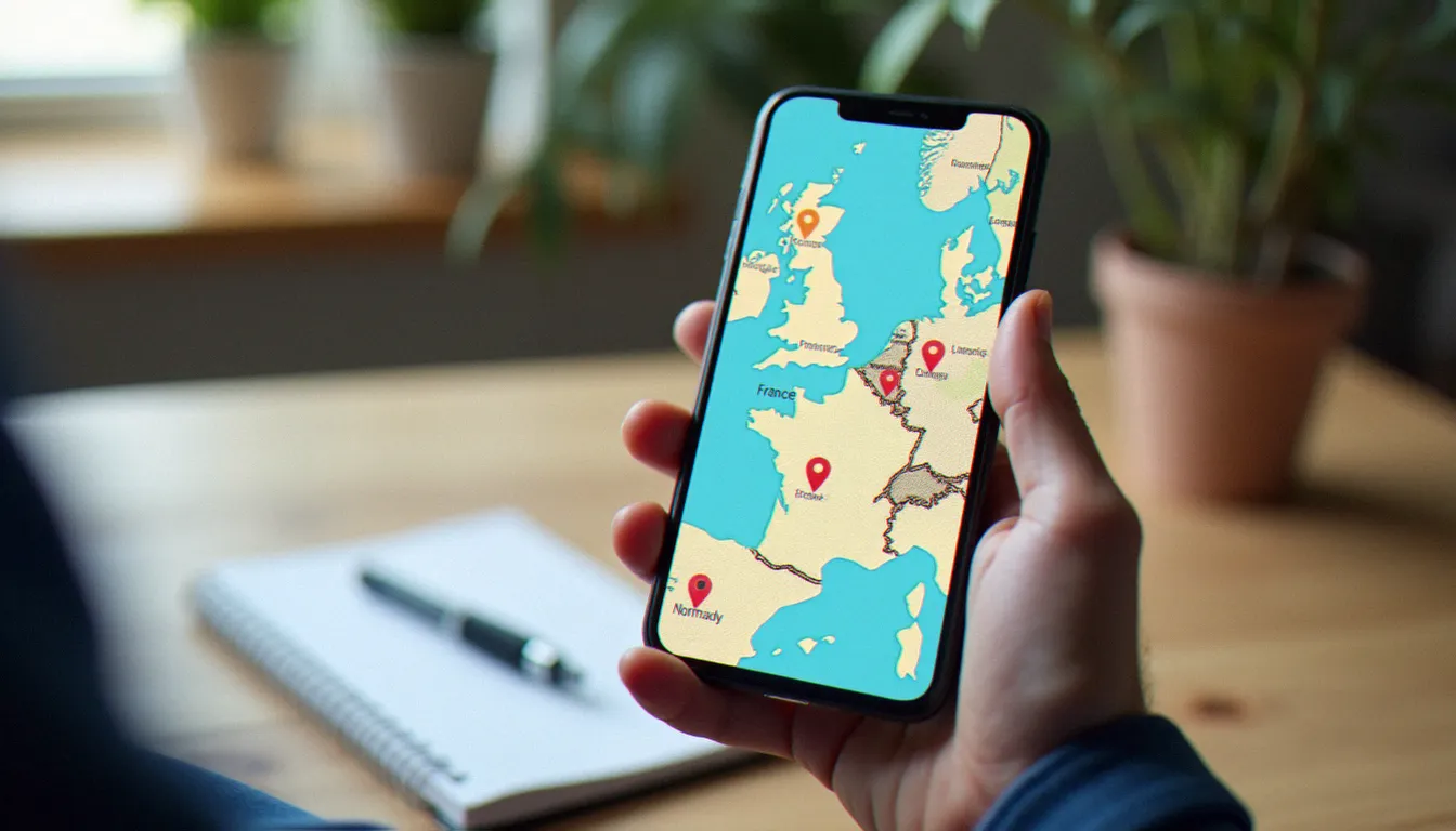 Carte numérique du département Manche affichée sur un smartphone posé sur un bureau, illustrant une recherche d'escort Manche en Normandie