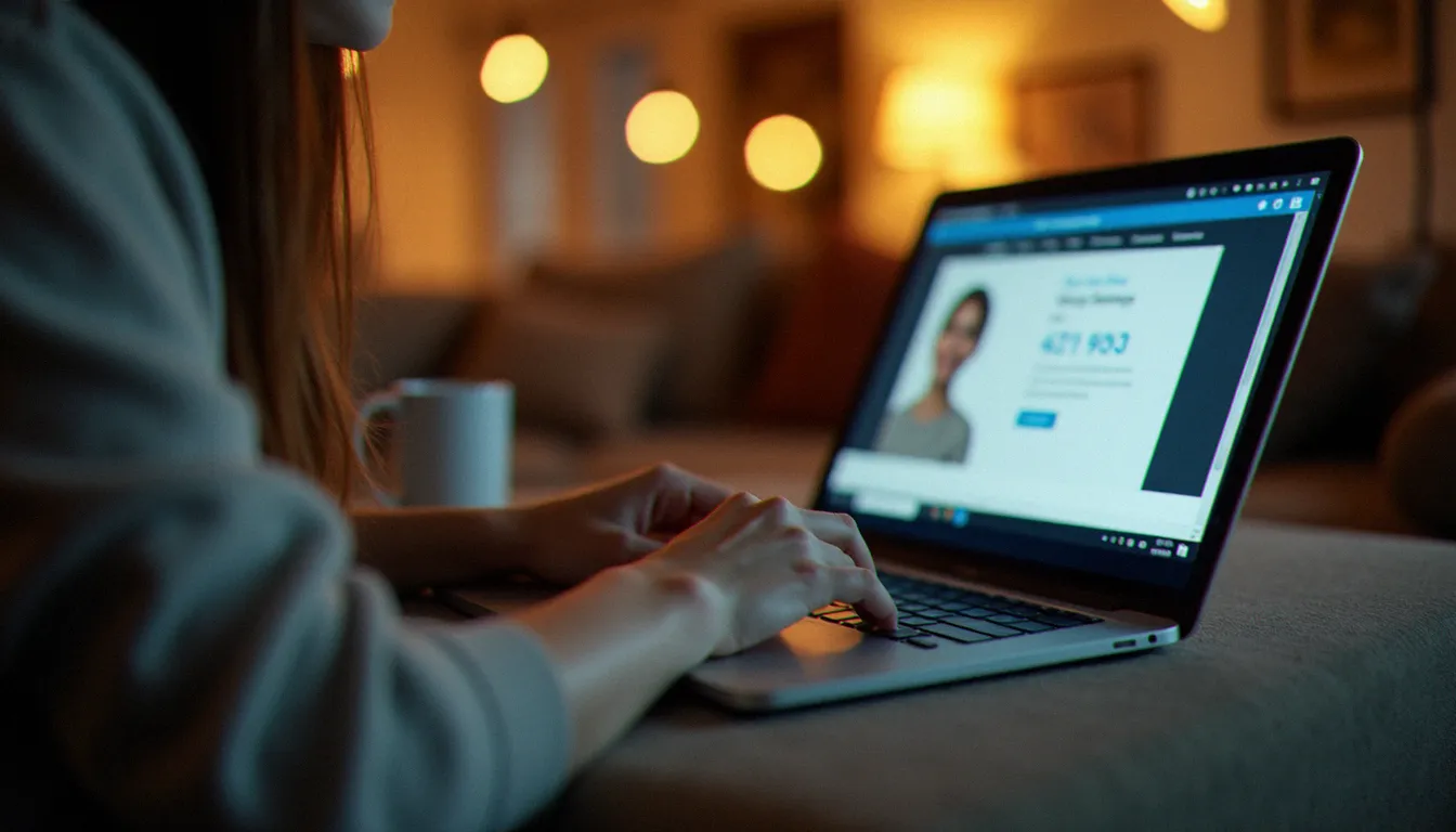 Femme consultant un site de rencontre adulte sur ordinateur portable, illustrant la recherche d'escort à Nogent-le-Rotrou