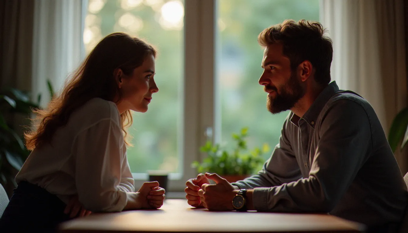 Couple en conversation sérieuse à table, symbolisant la négociation du consentement avant une pratique de fessée érotique