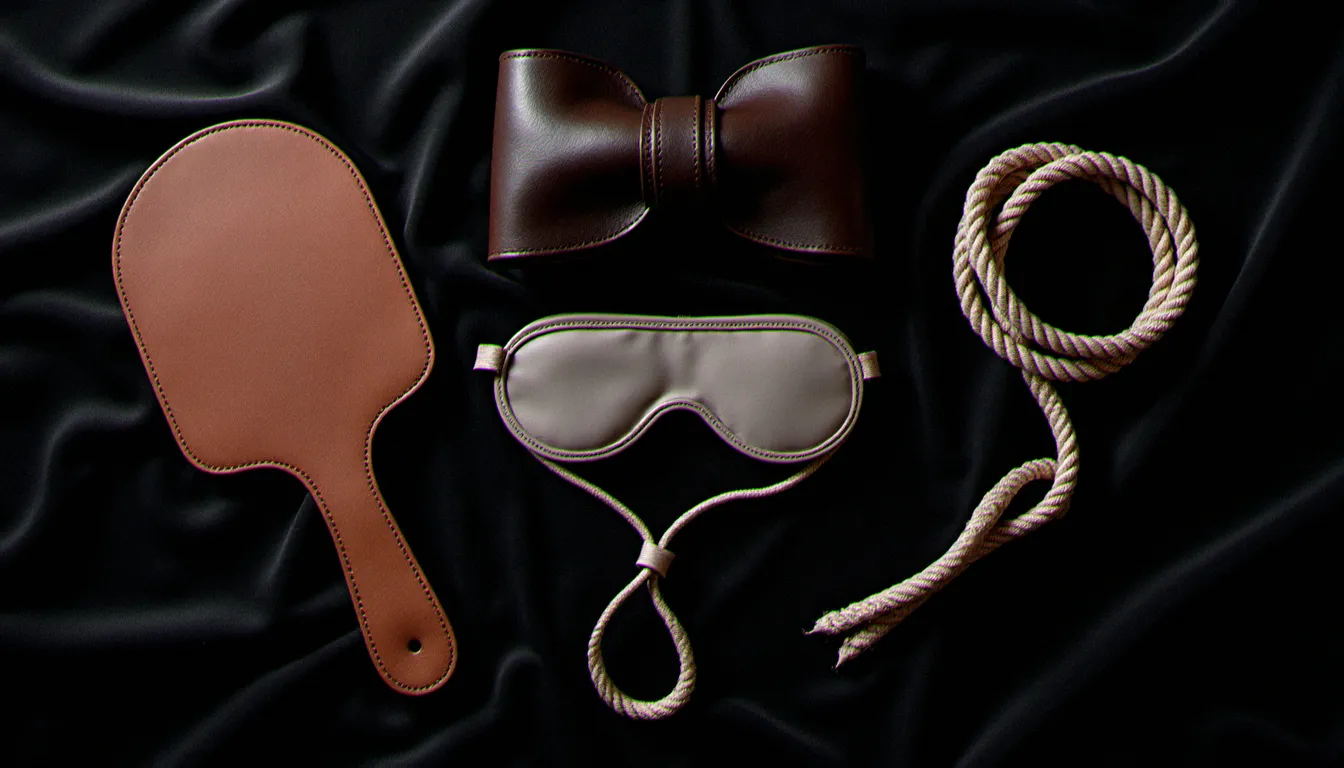 Accessoires de jeux érotiques posés sur velours sombre, évoquant la pratique de la fessée érotique dans un cadre consenti