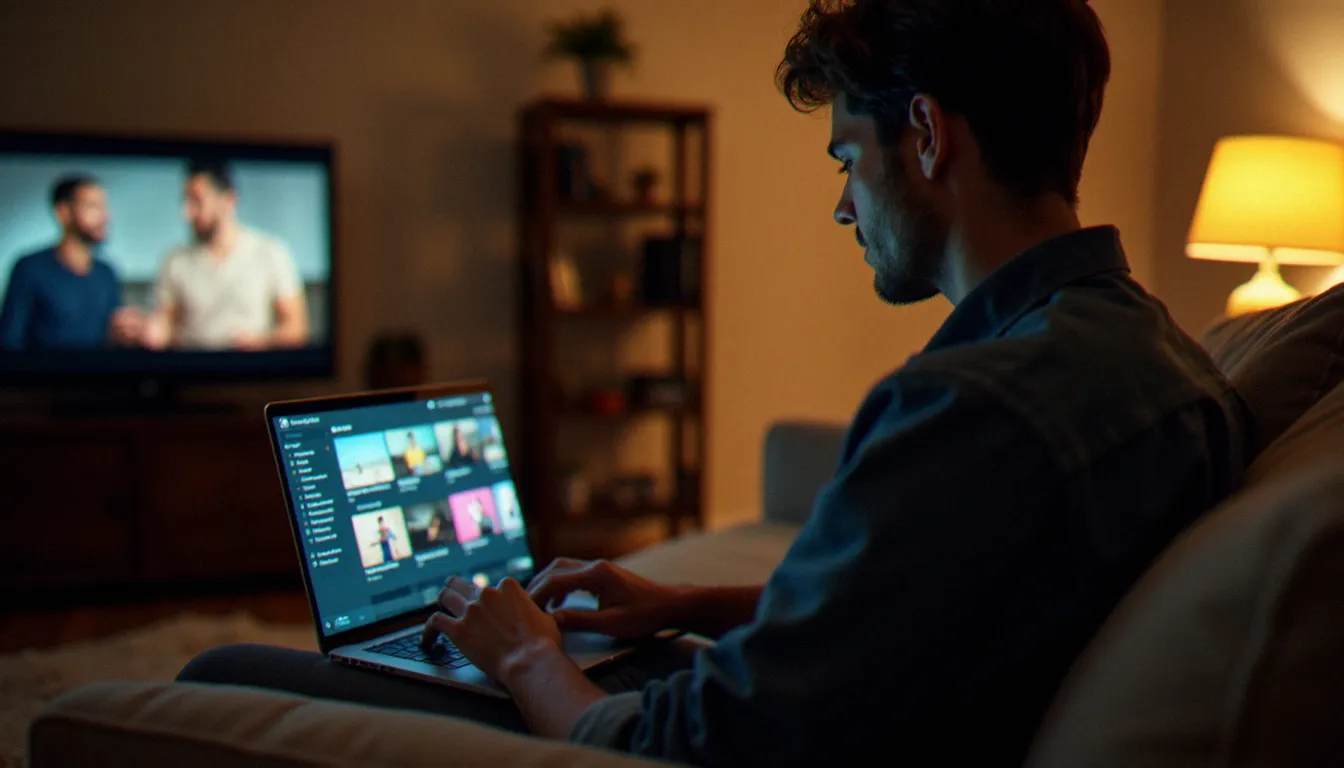 Personne regardant une plateforme de streaming adulte légale sur ordinateur portable dans un salon, illustrant comment trouver la meilleure actrice x légalement