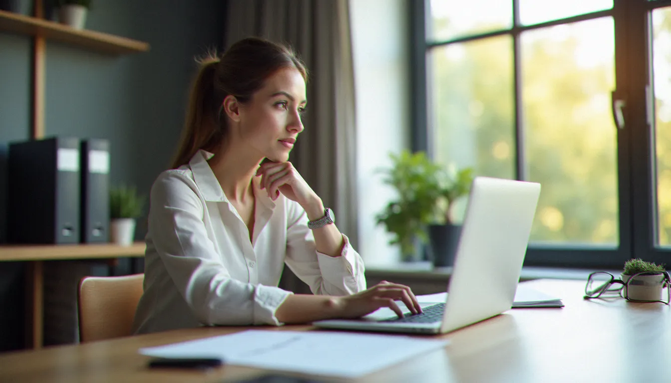 Une femme analysant des profils d'actrices X sur un ordinateur portable dans un cadre professionnel, illustrant la recherche de la meilleure actrice x