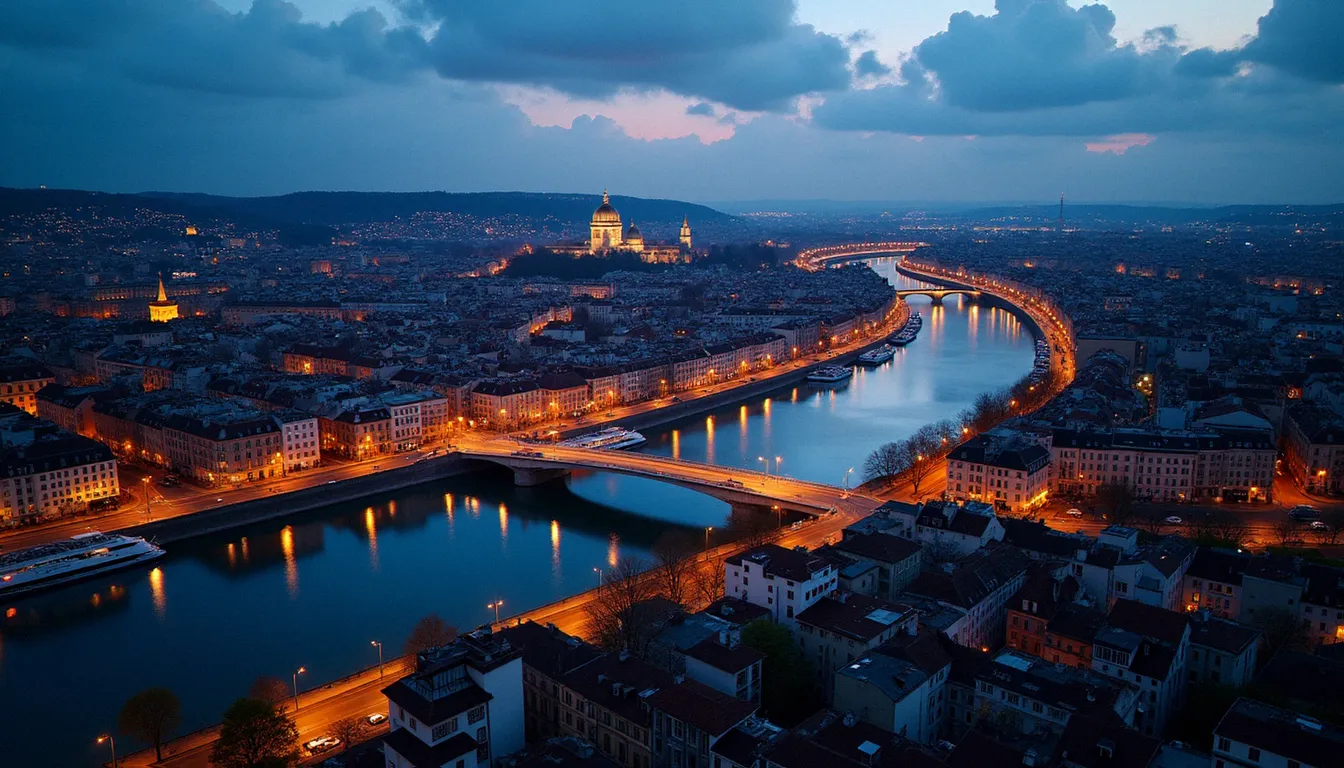 Vue aérienne du centre de Lyon au crépuscule avec le quartier de la Presqu'île, contexte urbain des rencontres discrètes à Lyon