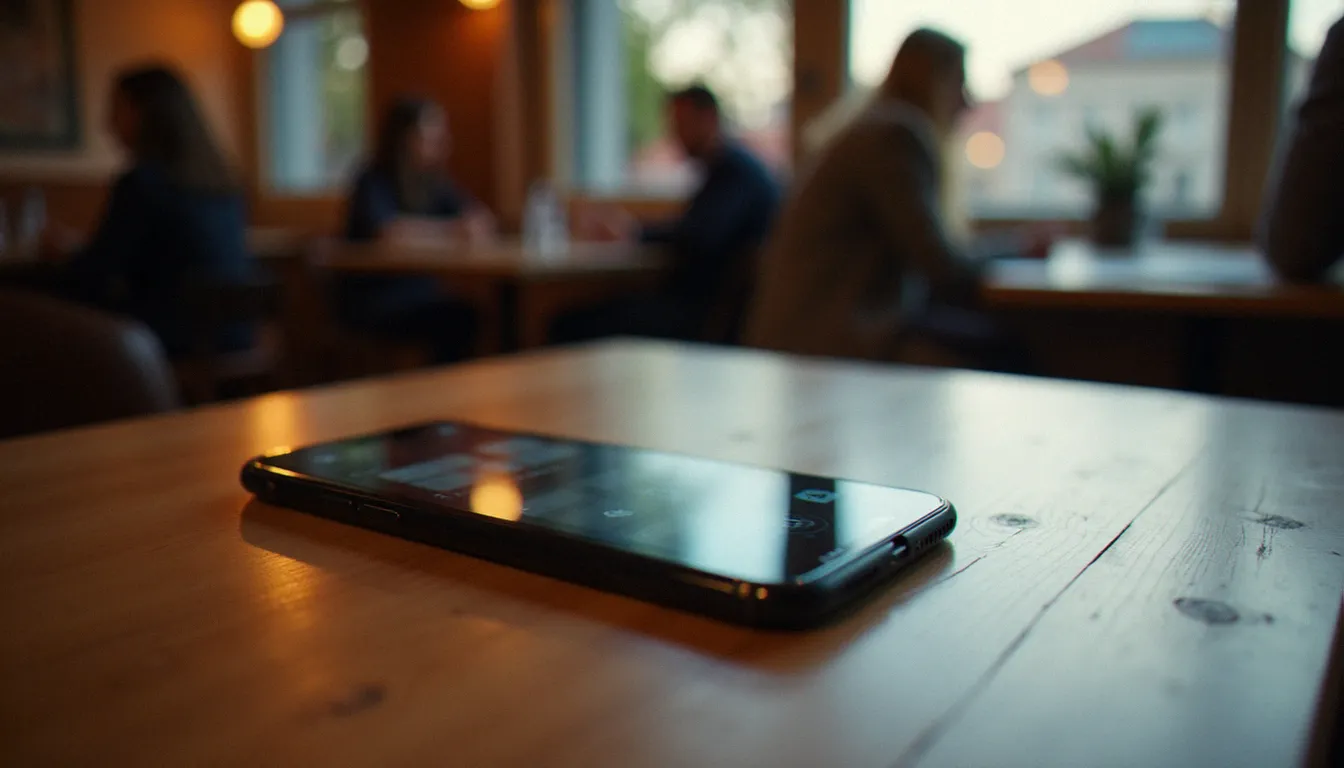 Smartphone posé sur une table de café lyonnais avec une application de rencontre floue à l'écran, illustrant la recherche d'un plan cul Lyon