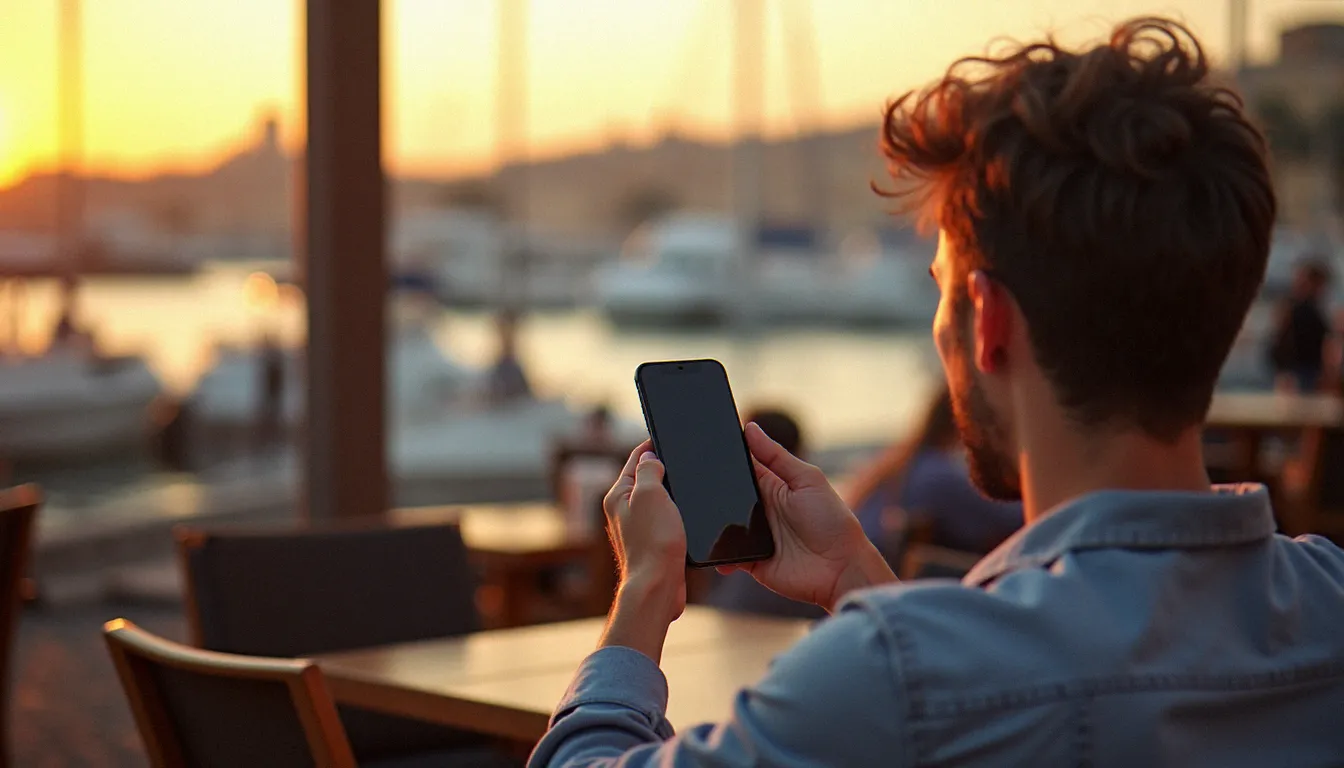 Personne consultant une application de rencontres en terrasse au Vieux-Port de Marseille, illustrant l'utilisation des plateformes coquines en ville