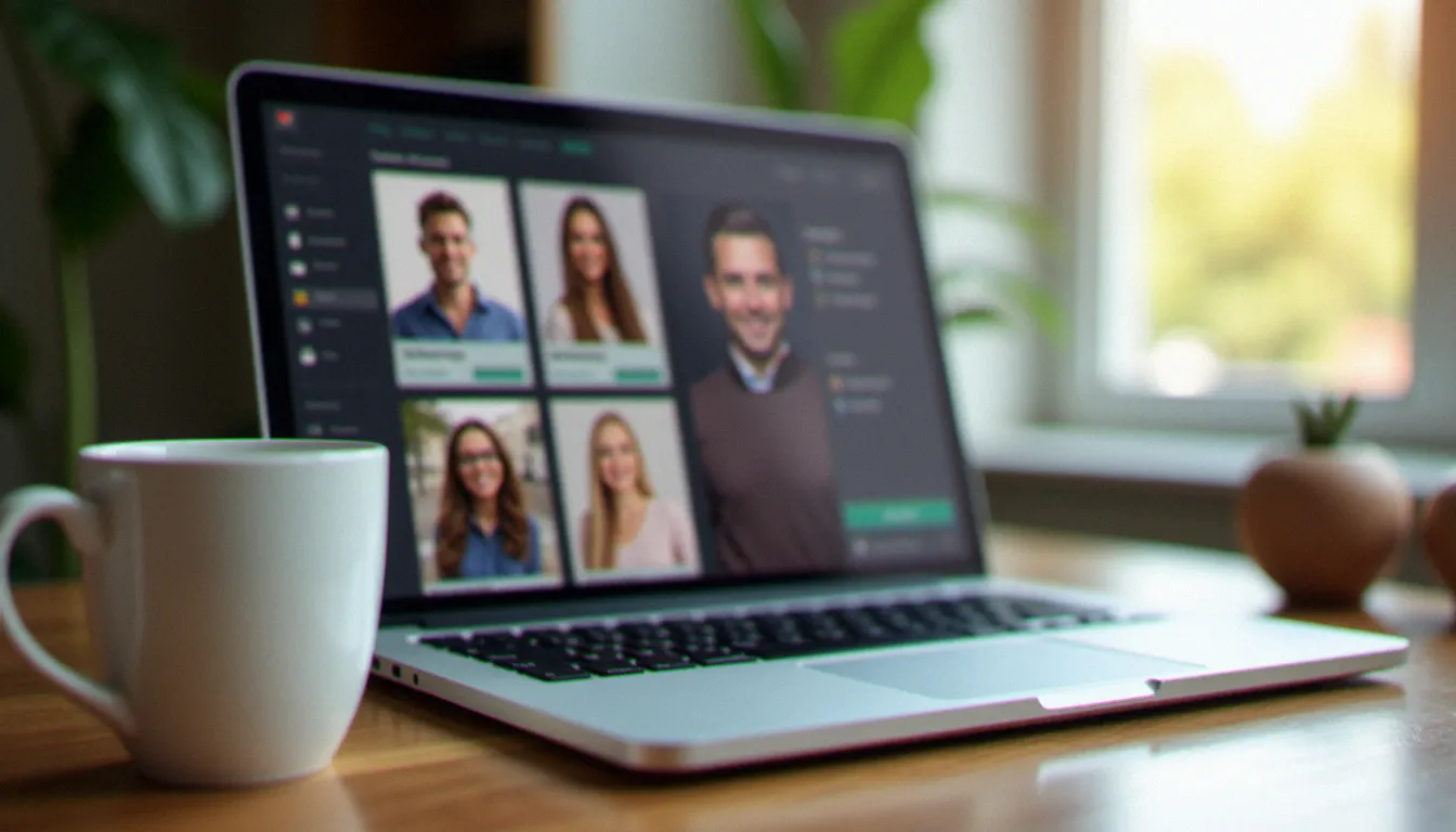 Écran d'ordinateur portable affichant une interface floue d'application de rencontre, symbolisant la recherche de rencontres en ligne à Annecy