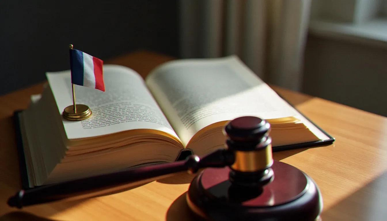 Livre de droit ouvert et drapeau français sur un bureau, illustrant le cadre légal des rencontres adultes en France