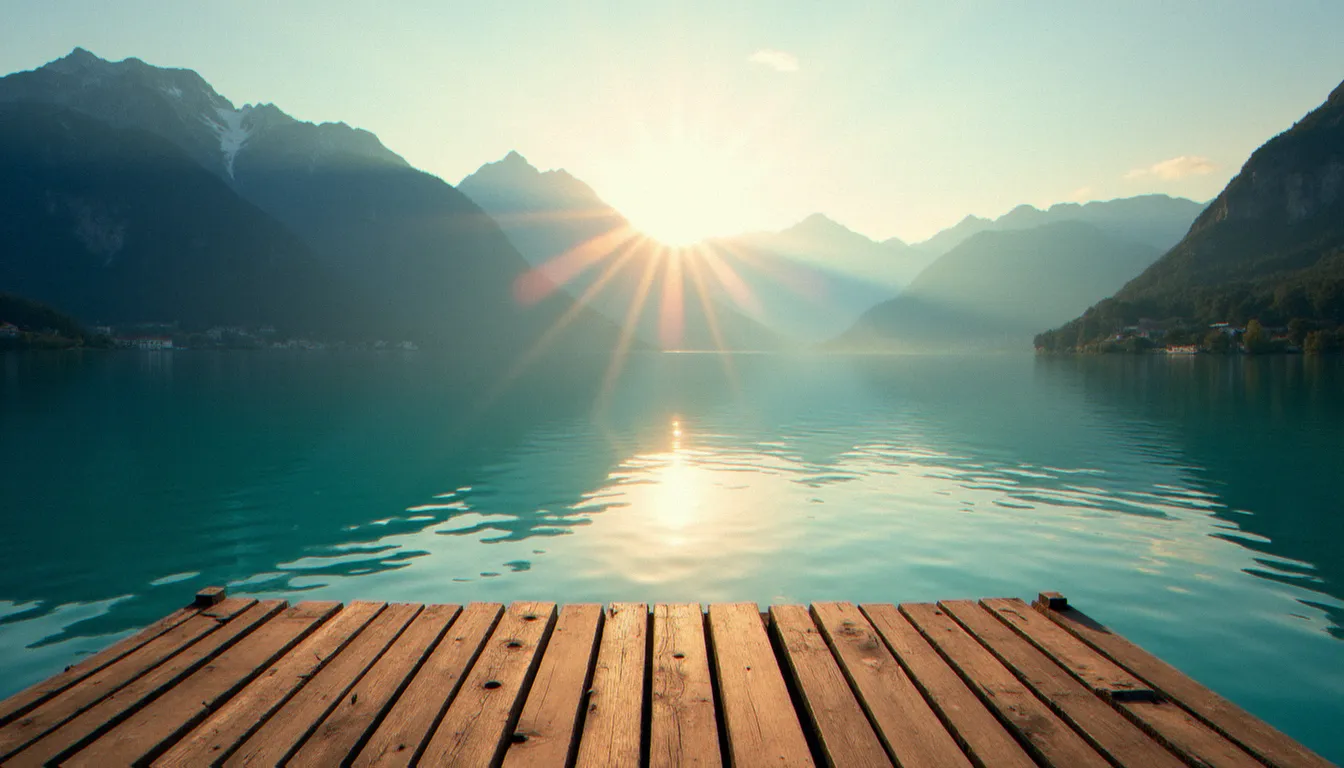 Vue aérienne du lac d'Annecy au coucher de soleil, cadre naturel illustrant la ville d'Annecy en Haute-Savoie