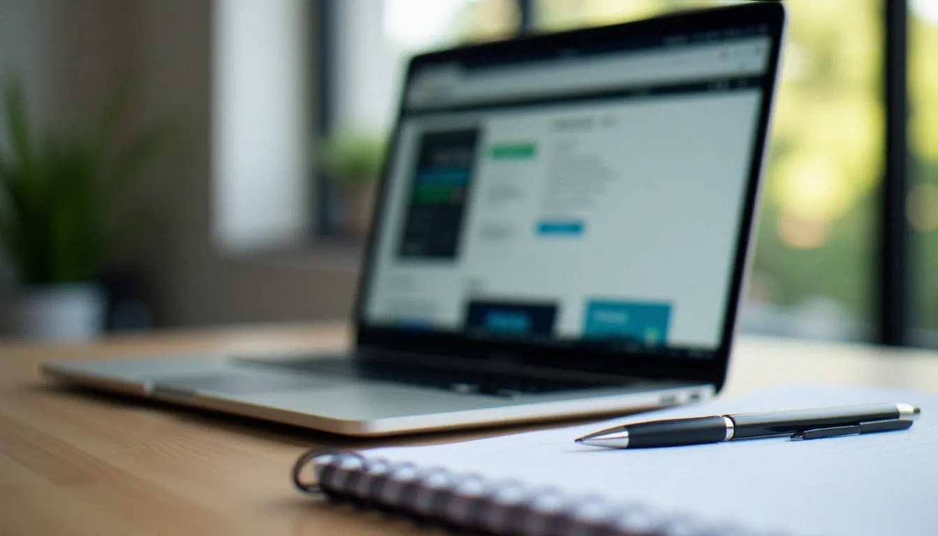 Ordinateur portable ouvert avec plusieurs onglets de comparaison de sites flous, bloc-notes à côté, symbolisant l'analyse de plateformes de rencontres