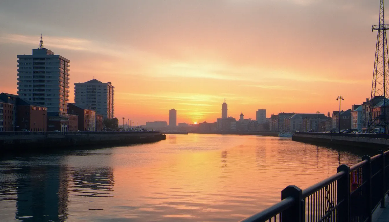 Vue sur le port du Havre et la skyline de la ville au coucher du soleil, illustrant le contexte urbain et démographique de la scène des rencontres havraises