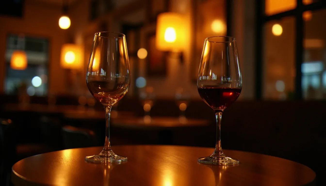 Intérieur d'un bar à vin bordelais intime avec deux verres vides sur une table en bois, ambiance chaleureuse évoquant un premier rendez-vous
