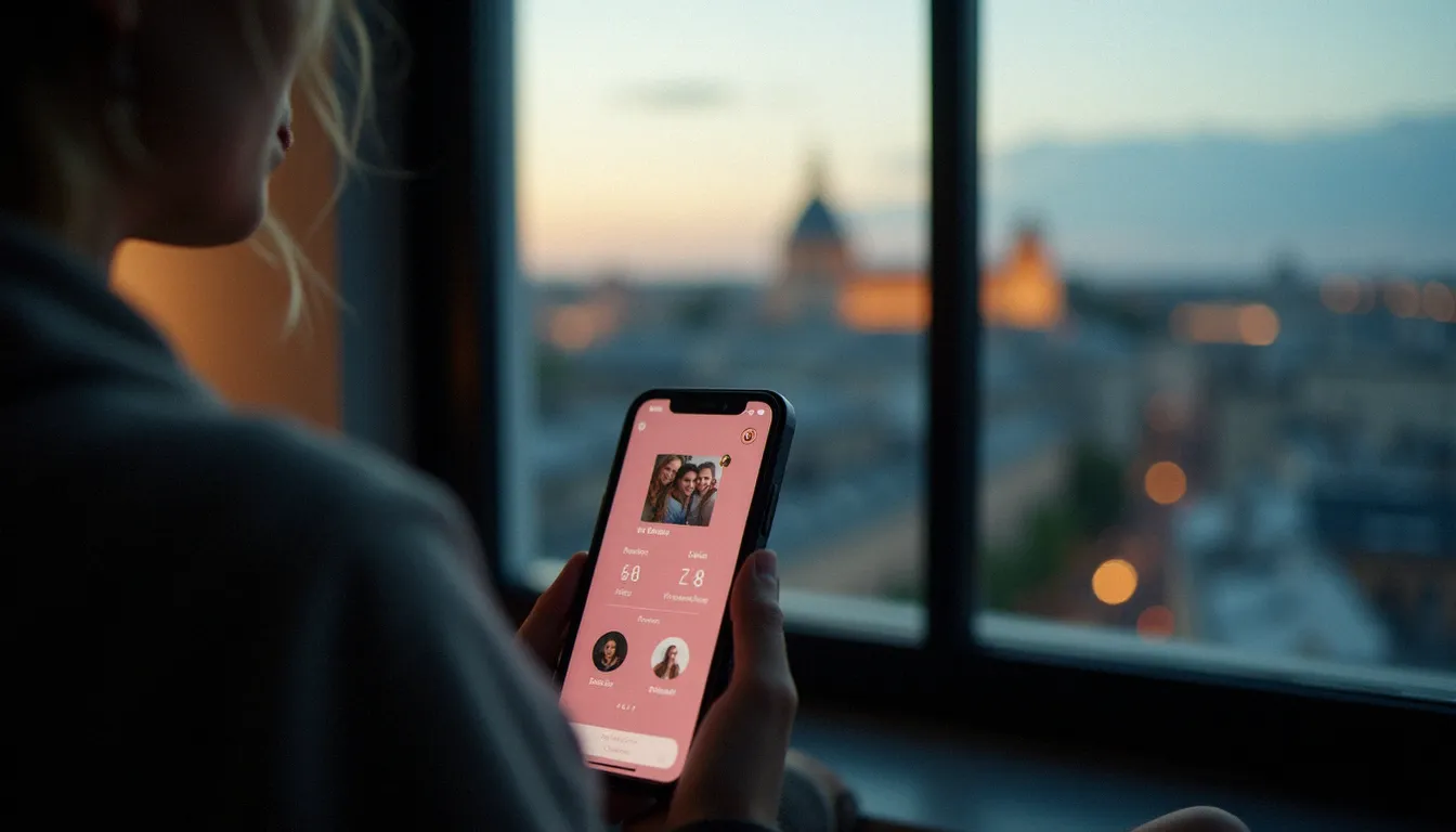 Smartphone affichant une application de rencontre avec la skyline de Bordeaux en arrière-plan, illustrant les rencontres sexuelles à Bordeaux via le numérique