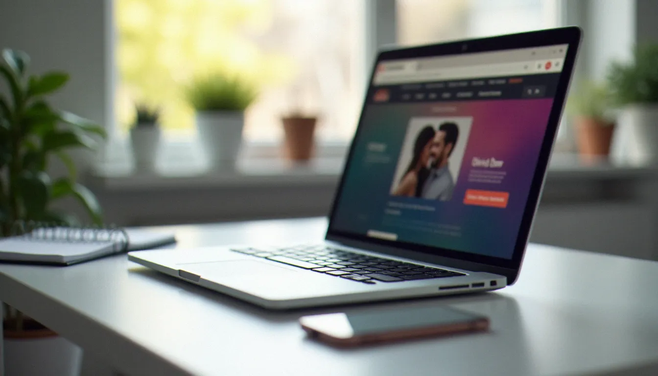 Ordinateur affichant un site de rencontre flou sur un bureau, symbolisant la comparaison de plateformes coquines à Caen